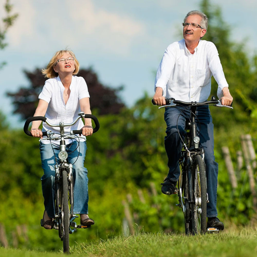Пожилая пара на электровелосипедах, общий вид
