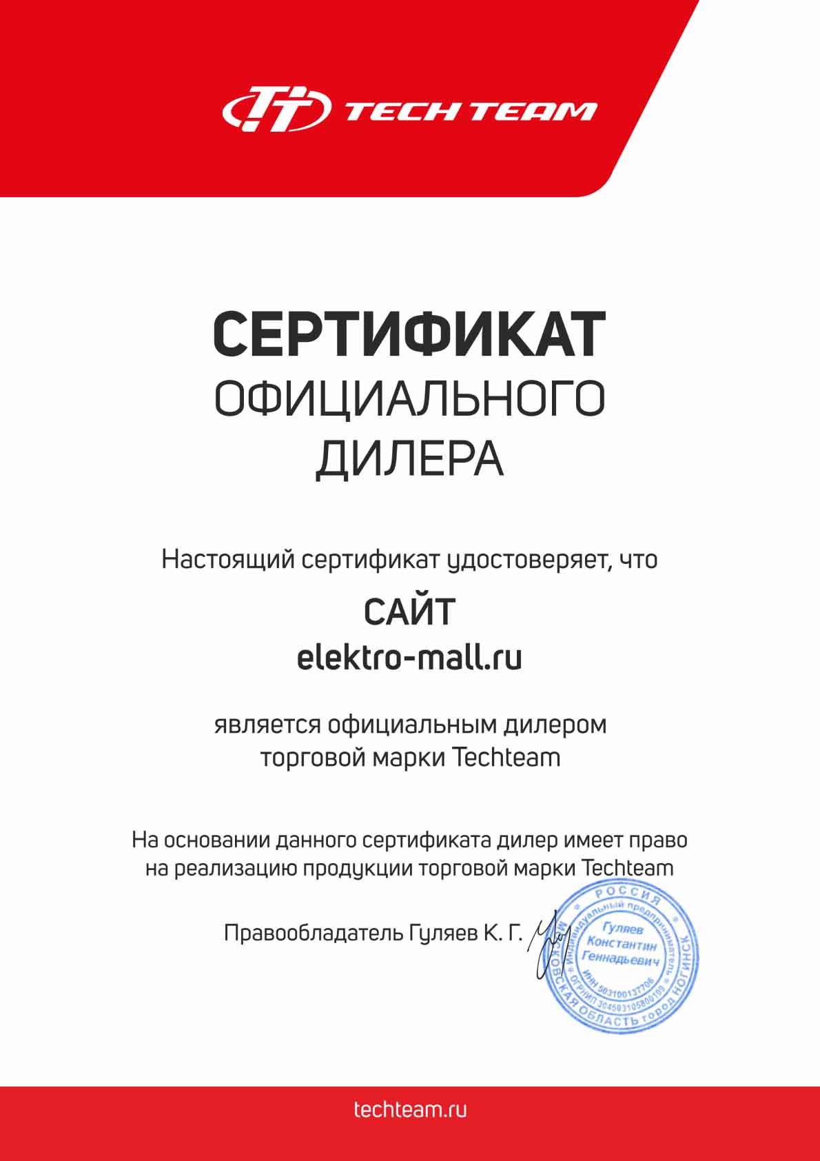 Сертификат Tech Team